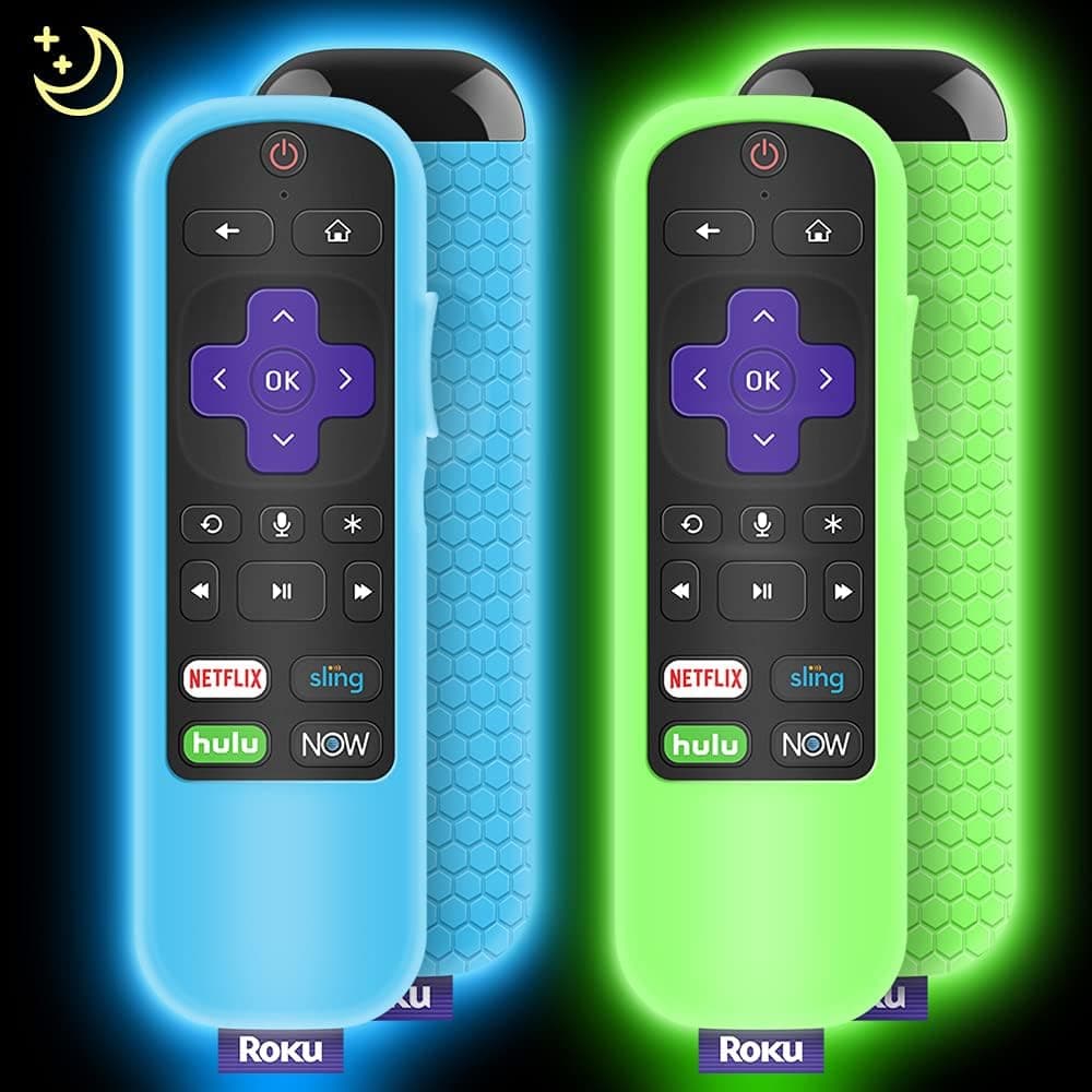 2 Pack Protective Case for TCL Roku TV Steaming Stick 3600R/3800/3900 Remote, Silicone Cover Roku Voice/Express/Premiere Remote Controller Skin, Replacement Sleeve Protector-Glow Green,Glow Blue