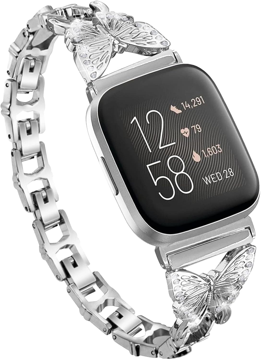 Kakurookie Easy Adjustable Bracelet, Shiny Diamond on Butterfly, Jewelry Metal Strap for Fitbit Versa 2 /Versa Lite/Versa SE Band for Women