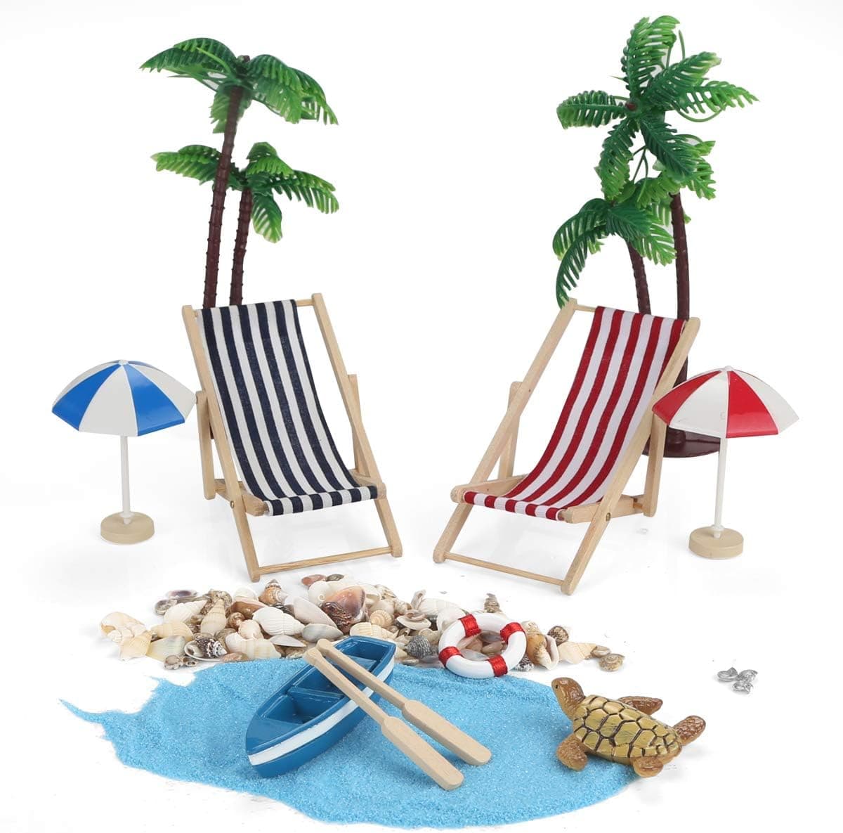 Aiskki 12 Pcs Beach Micro Landscape Design Mini Chair Parasol Palm Deco Boa Sand Beach Landscape Home Decor DIY Home Garden Decor