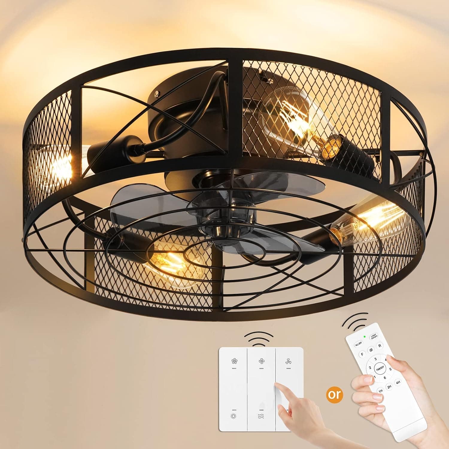 NEWORB Caged Ceiling Fan with Lights Remote Control Black Industrial Low Profile Small Ceiling Fan Vintage Farmhouse FCC Listd 35W Quiet Reversible 6-Speed 1-4 Timer