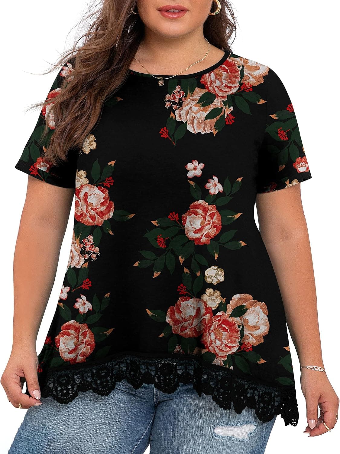 OLRIK Plus Size Tops for Women Summer Casual Womens Short Sleeve/Long Sleeve Lace Shirts and Blouses