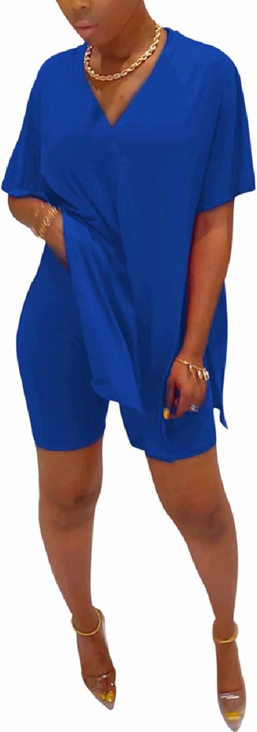 ThusFar Women's Casual Oversized Two Piece Outfits Batwing Sleeve Split Caftan Poncho Tops Shorts Set Tracksuit Jumpsuit