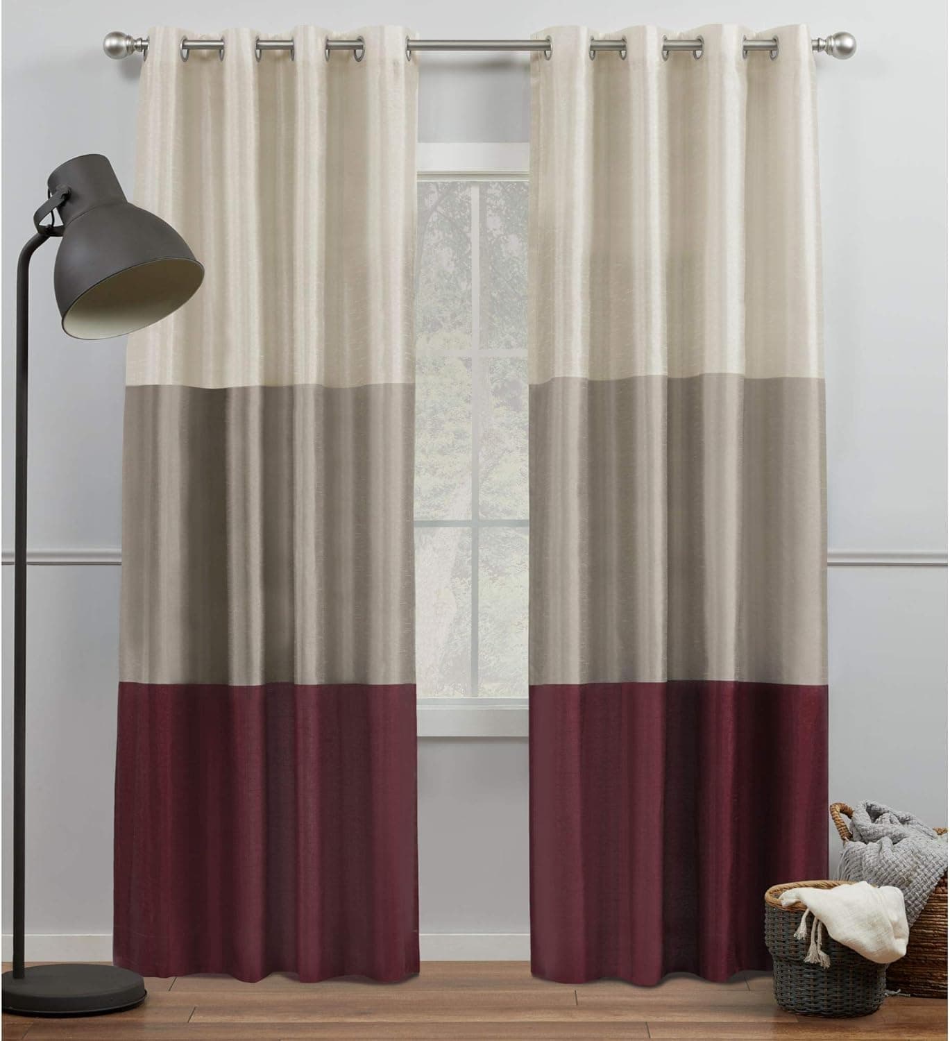 Exclusive Home Chateau Striped Faux Silk Grommet Top Curtain Panel Pair, 54"x108", Burgundy/Taupe