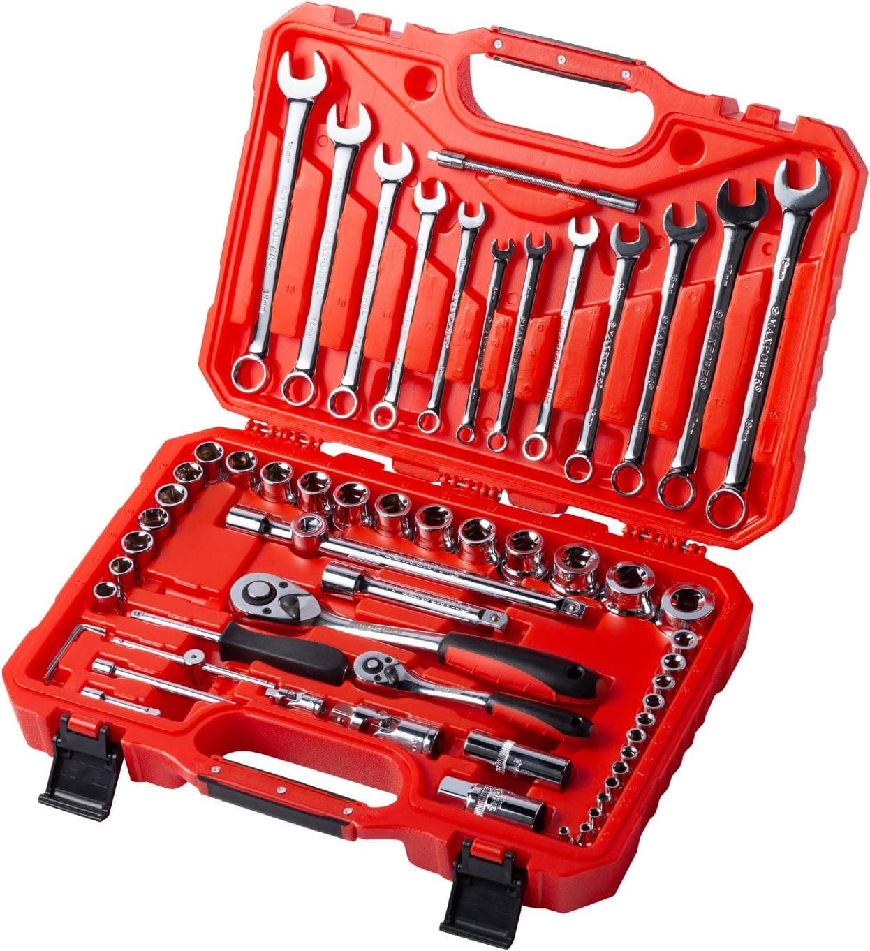 MAXPOWER 60PCS 1/2 Inch and 1/4 Inch Drive Socket Wrench Set, Mechanics Tools Kit Includes Metric Sockets up to 32mm, Combination Spanners 8mm-19mm, Ratchet Handles and Others in a Carry Case, CR-V