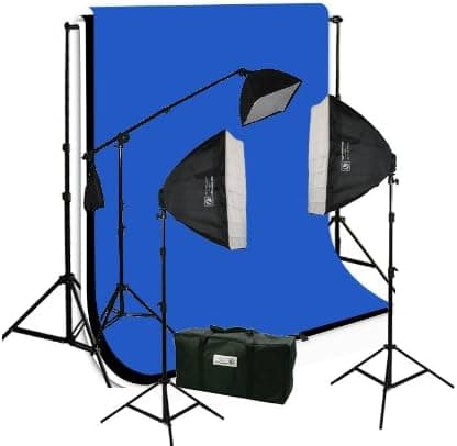 ePhotoInc 3pcs 6 x 9 Black, White and Blue Backdrop Set, Background Support Kit, 2400 watt Photo Video Studio Lighting Kit with Case H9004SB-69BWBU