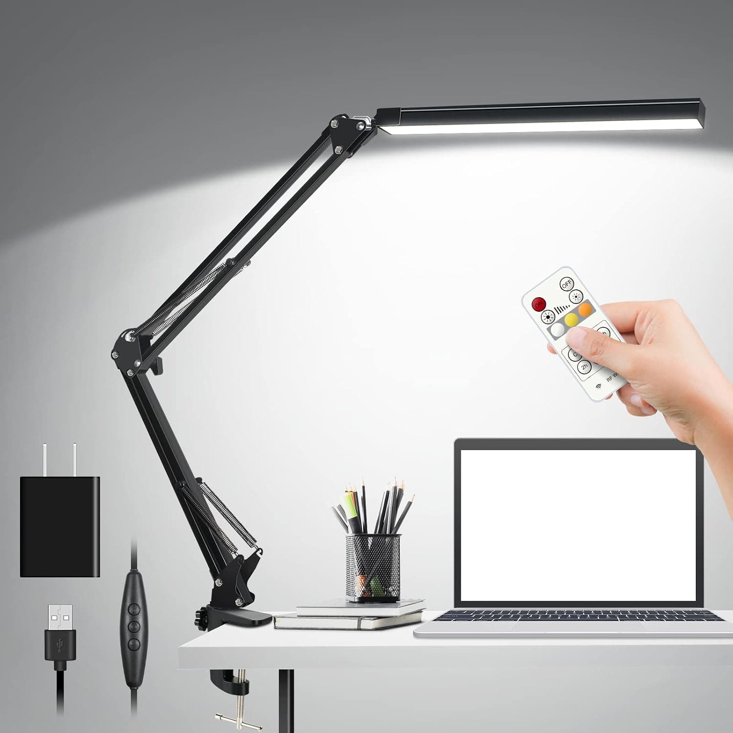 LED Desk Lamp, with Remote Control & Timing Function, Eye-Caring Adjustable Swing Arm Lamps, 3 Modes 6 Brightness Level, Memory Function Desk Lamps for Home Office