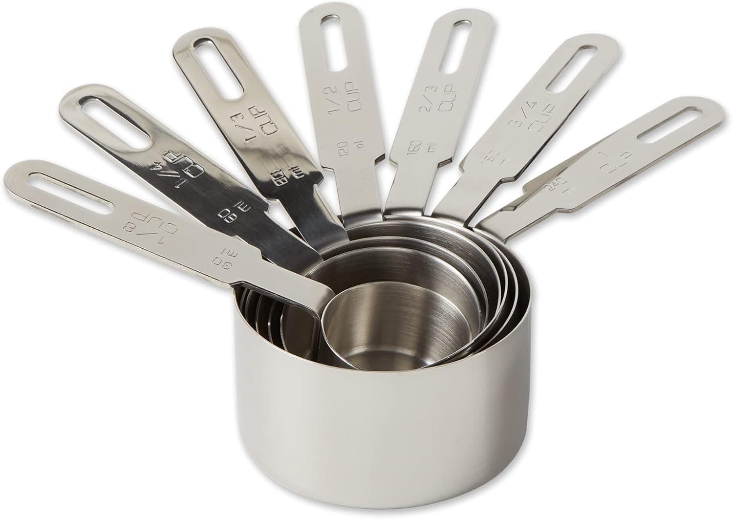 RSVP International Endurance Stainless Steel Measuring Cups, Set of 7 | 1/8 Cup to 1 Cup Measurements | Nest for Easy Storage | Dishwasher Safe | Dry or Liquid | Baking or Cooking