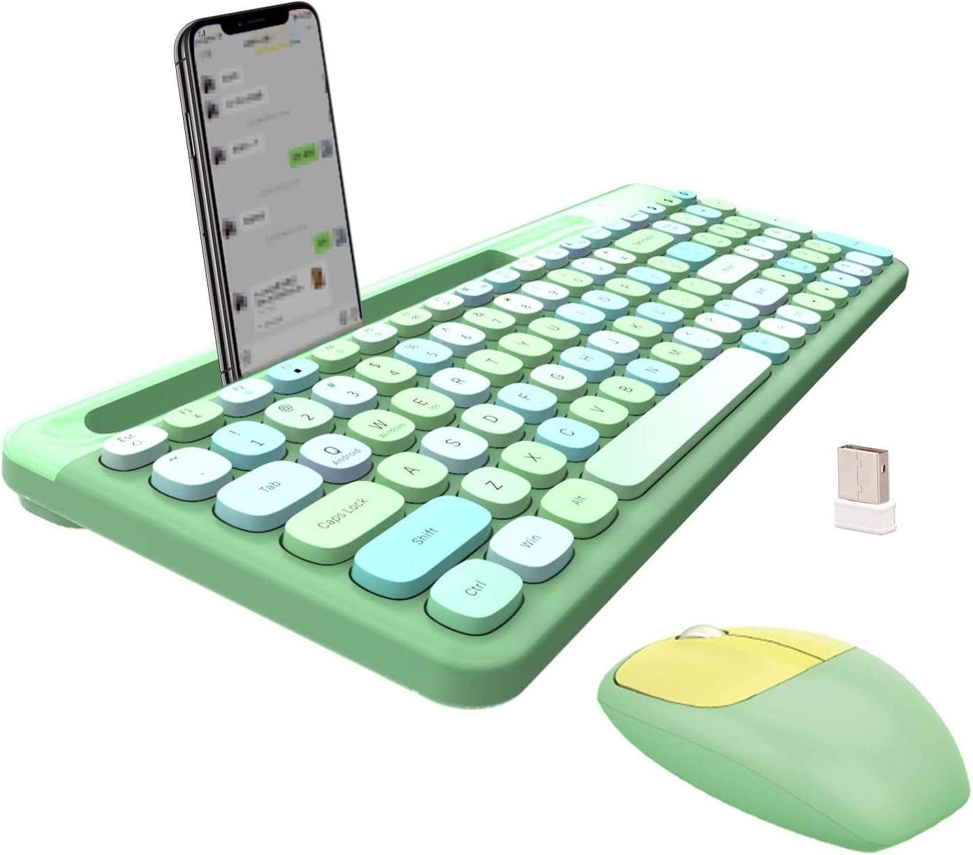 Wireless Keyboard and Mouse Combo, Mini Portable 84-Key Typewriter Retro Round Keycaps Keyboard, Compatible with Android, Windows, PC, Tablet, Perfer for Home and Office Keyboards (Green)
