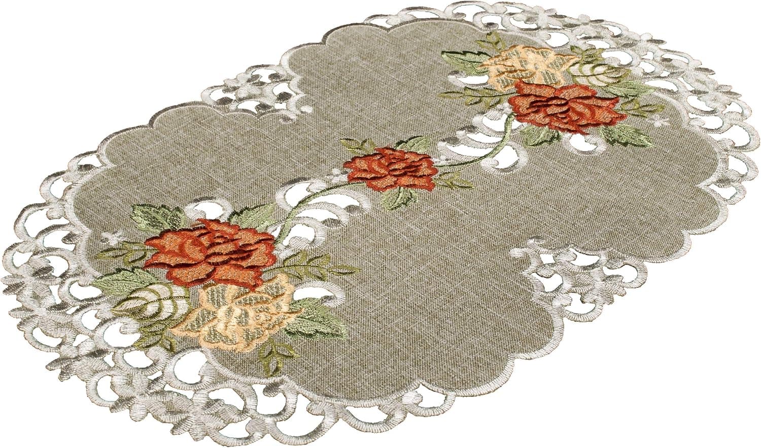 Linens, Art and Things Embroidered Placemat Dresser Scarf Coffee Table Scarf Gold & Rust Roses on Antique Green 12 x 18 Inch