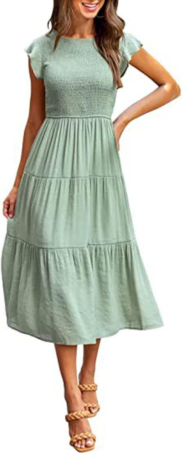 Womens Summer Casual Midi Dress Long A Line Short Sleeve Dress High Waist Boho Tiered Maxi Formal Dress