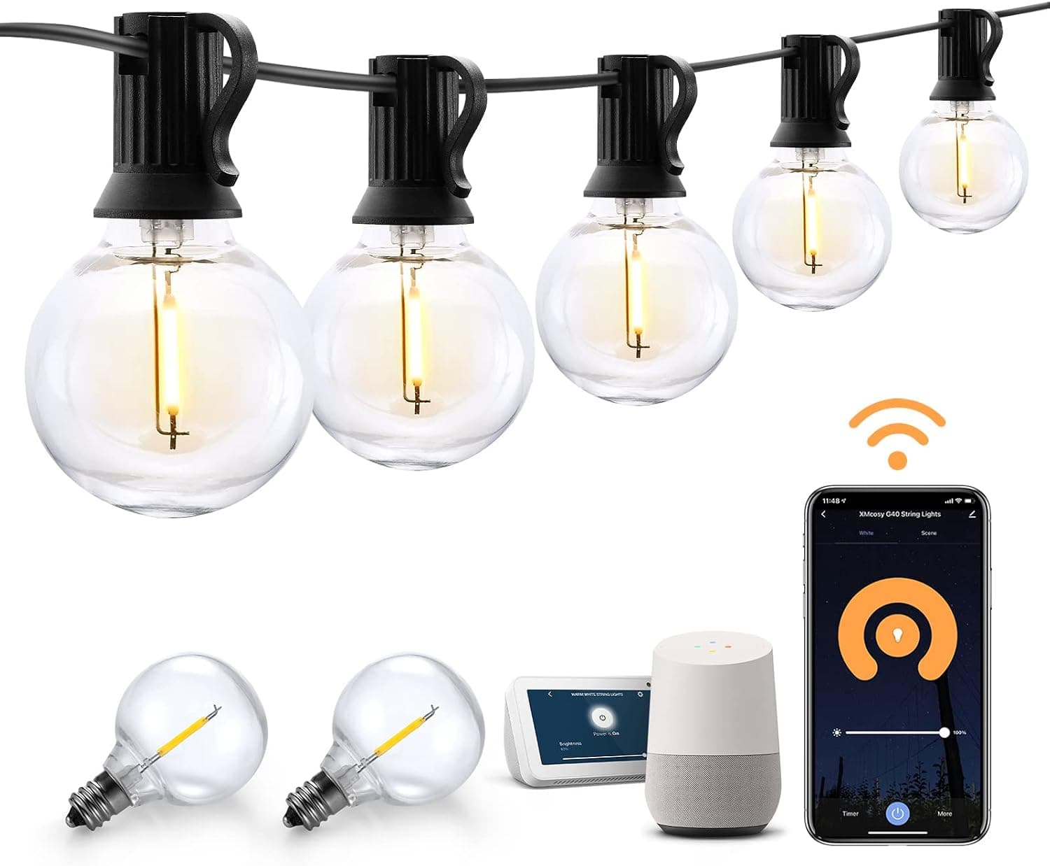 XMCOSY+ Patio Lights, Smart Outdoor String Lights 50Ft, G40 Globe Patio Lights with 25 Dimmable LED Bulbs, APP Control, Work with Alexa, Connectable Waterproof LED Outdoor Lights for Patio Porch