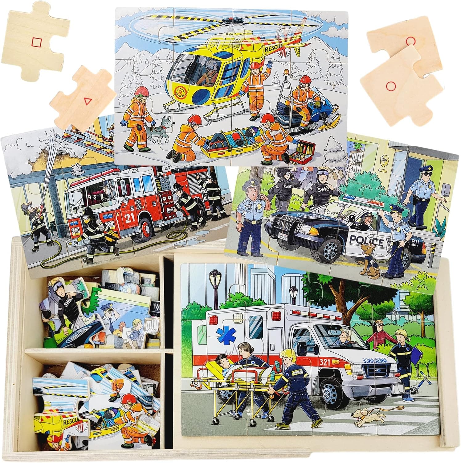 TOYLI 4-in-1 Emergency Vehicle Jigsaw Puzzle 48 PCs Wooden Truck Puzzle for Little Kids with a Box Fire Engine Ambulance Preschool Educational Activity Skills Development, Great Gift for Toddlers
