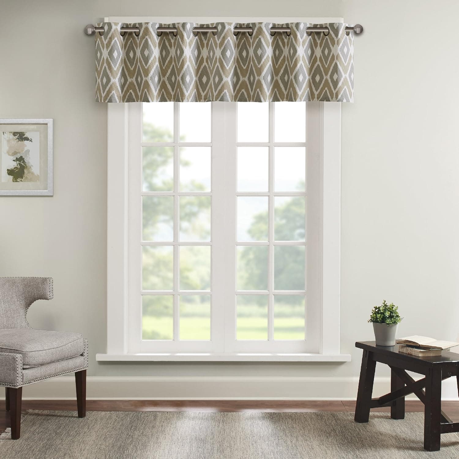 Ashlin Diamond Printed-Rod Pocket Valance , Contemporary Valances for Windows , 50X18" , Taupe