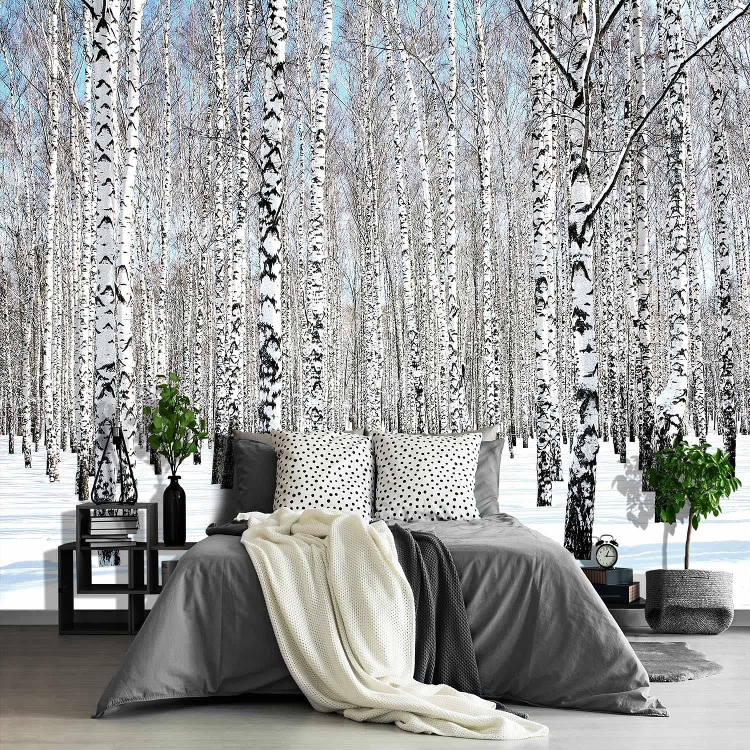 Fightal - Birch Tree Forest Wallpaper Living Room Paranormal Landscape Mural Landscape Jungle Bedroom Mural Woodland Birch Sofa -108"x75"（Not Peel and Stick）