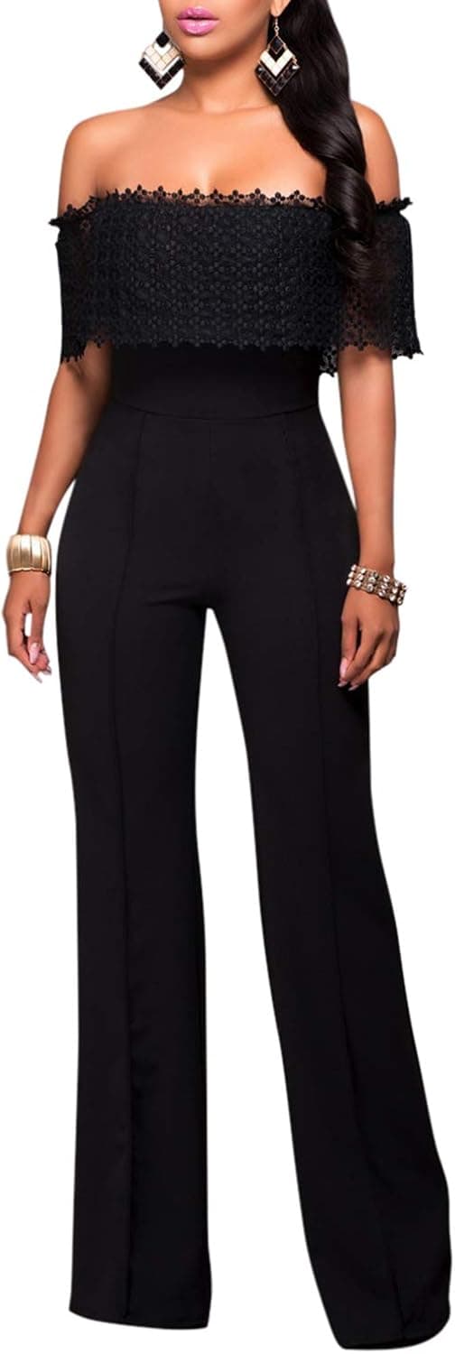Selowin Women's Off Shoulder Elegant Off Shoulder Pants Jumpsuits Plus Size Black M