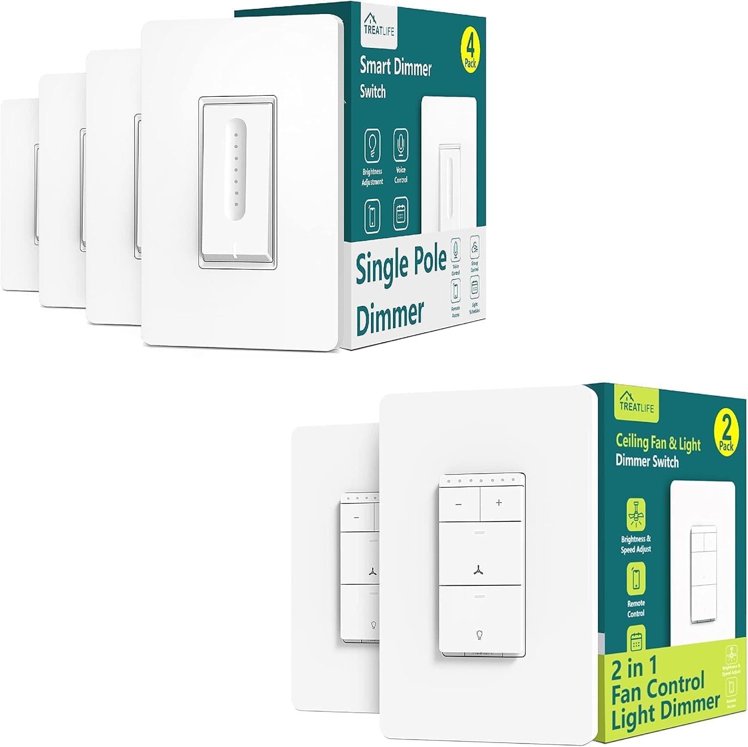 2Pack Smart Ceiling Fan Control & Dimmer Switch + 4Pack Smart Dimmer Switch Bundles