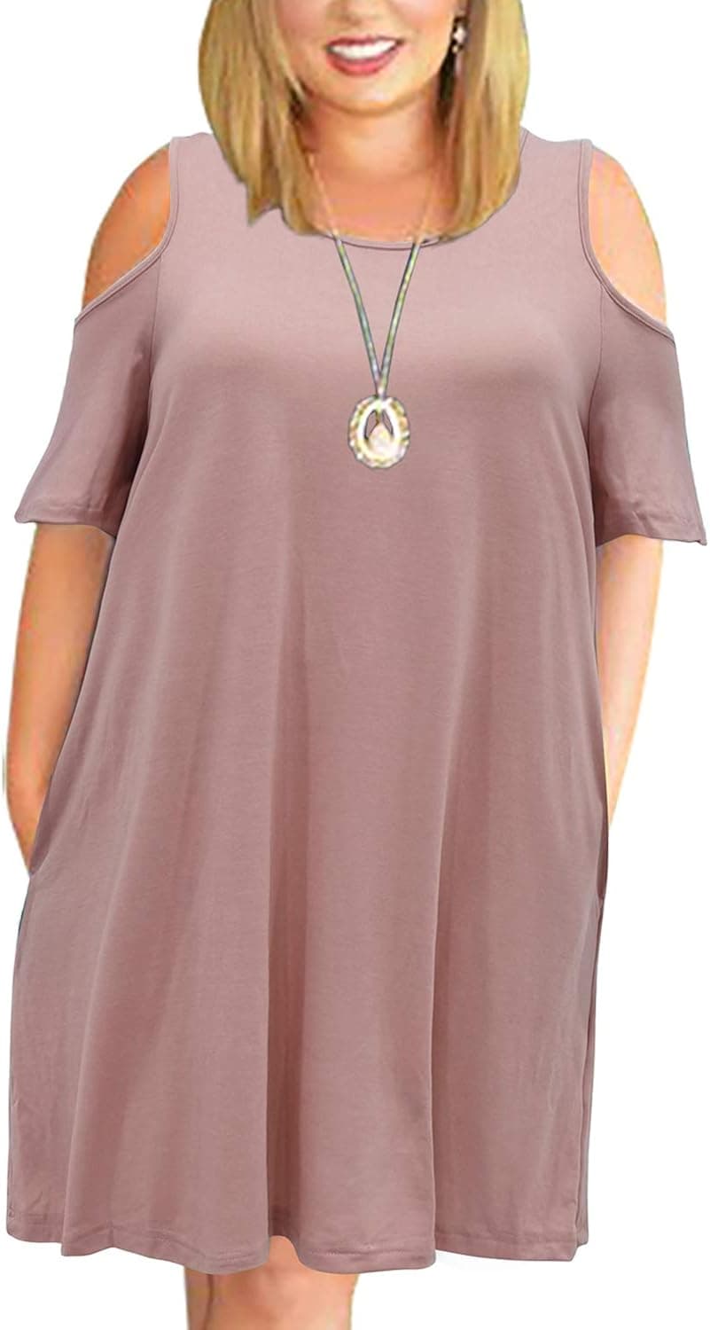 Nemidor Women's Cold Shoulder Plus Size Casual T-Shirt Swing Dress with Pockets