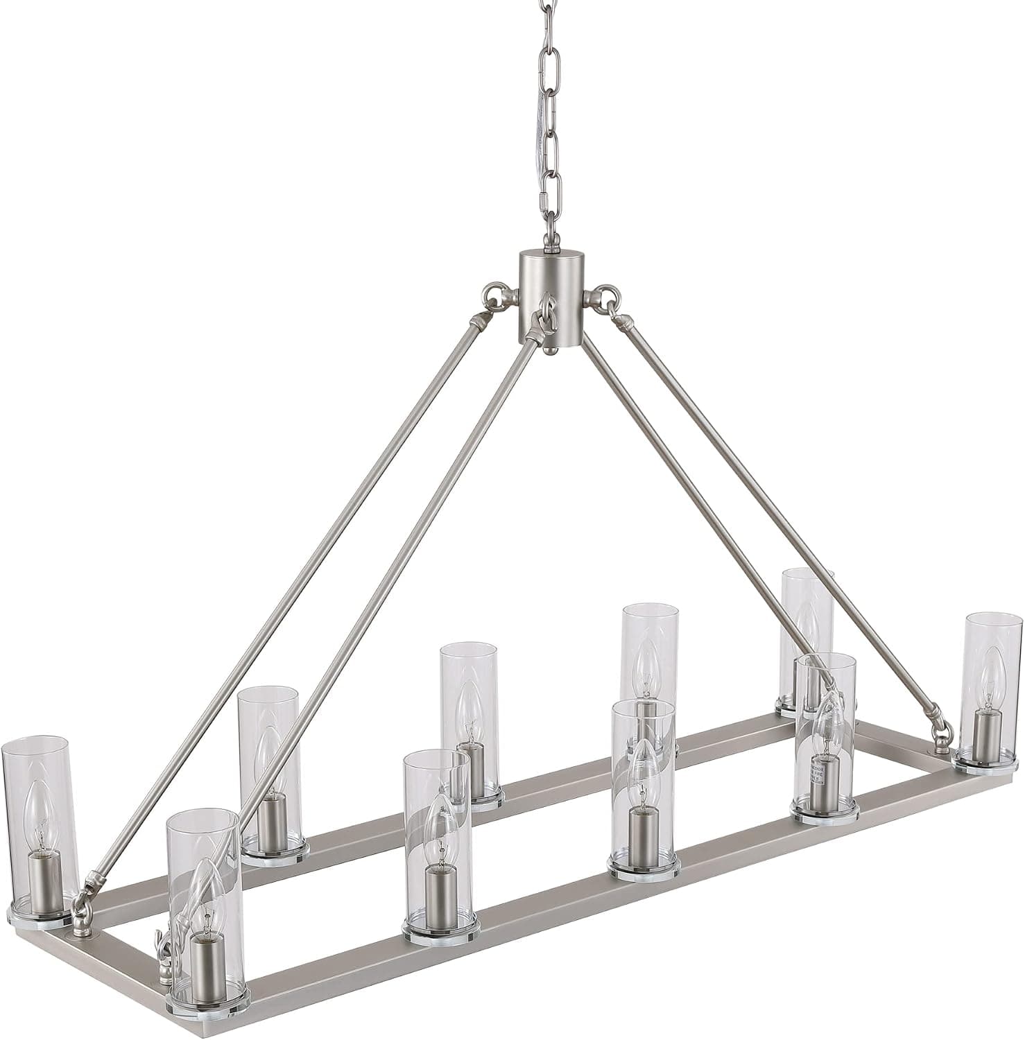 Artroee L39 Metal Rectangle Chandelier for Dining Room Kitchen Island Long Linear Industrial Chandeliers Farmhouse Iron Rod Hanging Light Fixture with Clear Glass Shade, Nickel