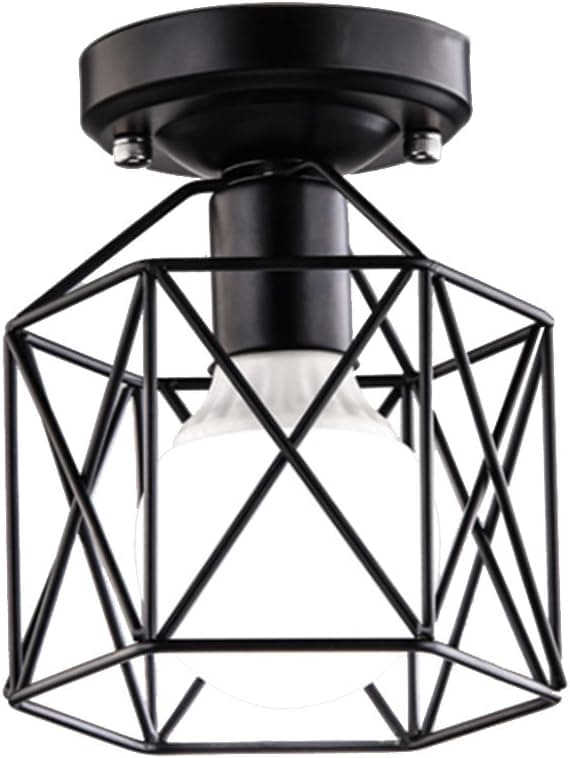 BAYCHEER HL428266 Industrial Vintage Style Square Semi Flush Mount Ceiling Light Hanging Lighting for Indoor Lighting with Cage use 1 E26 Bulb in Black