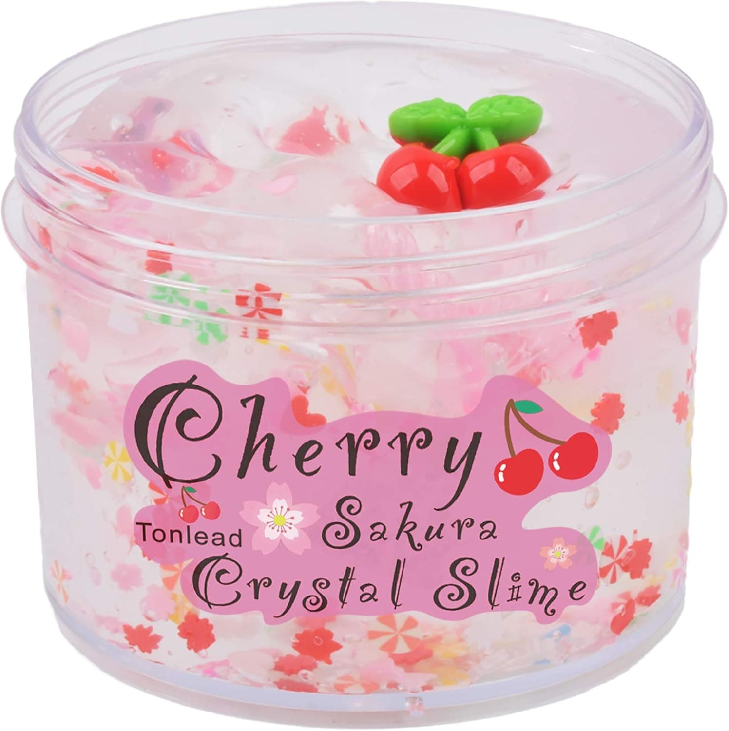 Cherry White Clear Slime Crystal with Candy Sakura Slices, 7oz Non Sticky Premade Crystal Slime Soft Jelly Clay for Girl Boy, DIY Mud Bubble Slime Stretchy Putty Kids Gift