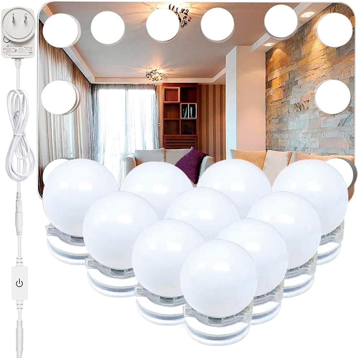 alitade LED Vanity Mirror Lights Kit with 10 Dimmable Light Bulbs Hollywood Style Lighting Fixture Strip for Live Stream, Makeup Mirror, Bathroom Wall Mirror