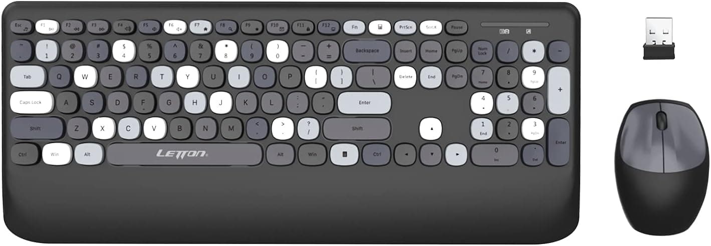 Letton Wireless Keyboard and Mouse Combo, Colorful Wireless Keyboard with Palm Rest, 2.4GHz Ultra-Thin Typewriter Flexible Keys Office Full-Sized Keyboard and Mouse for PC Laptop Mac, Black/Grey