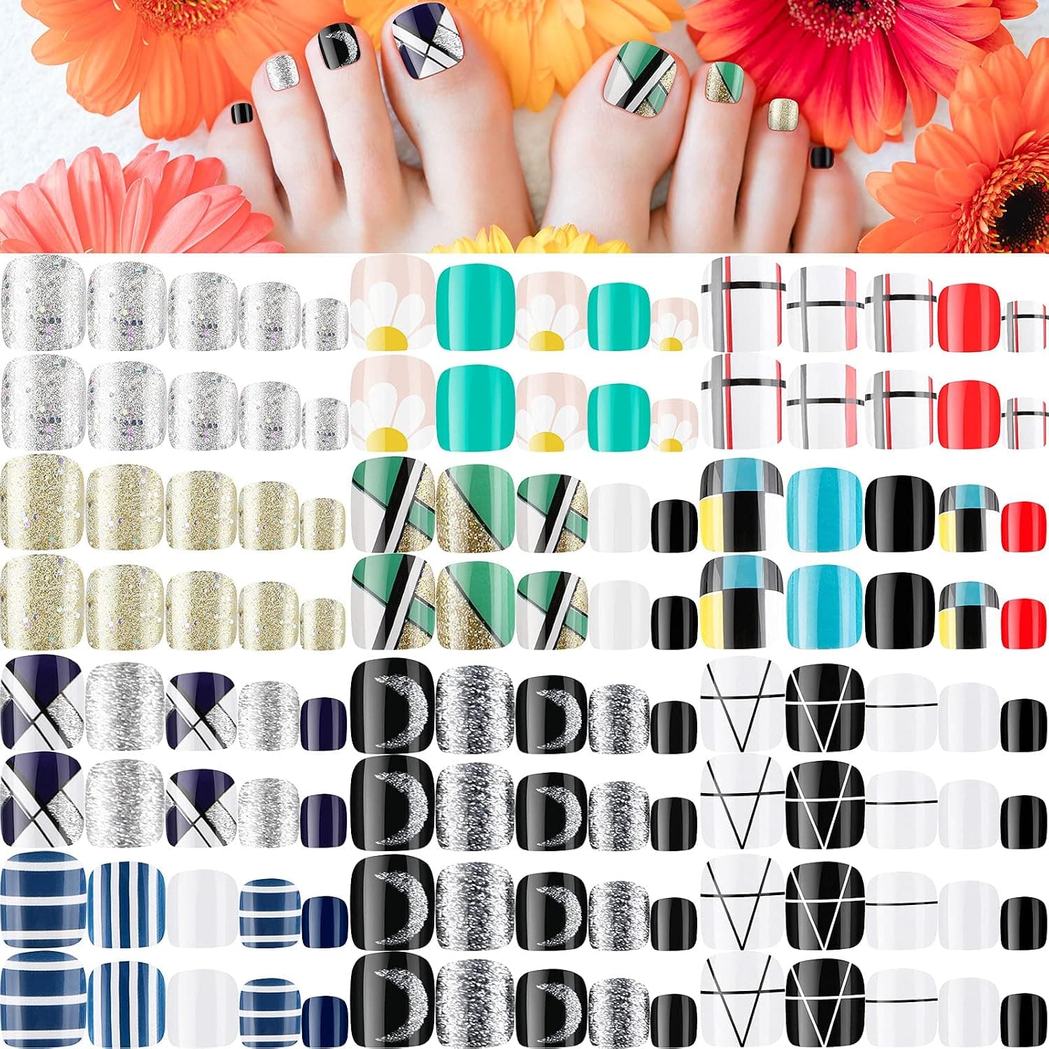 240 Pieces 10 Sets False Toe Nails Short Square Artificial Nail Tips Glue on Toe Nail Full Cover Strips Adhesive False Toenail Glossy Fake Nails for Women Girls DIY Manicure (Chic Patterns)