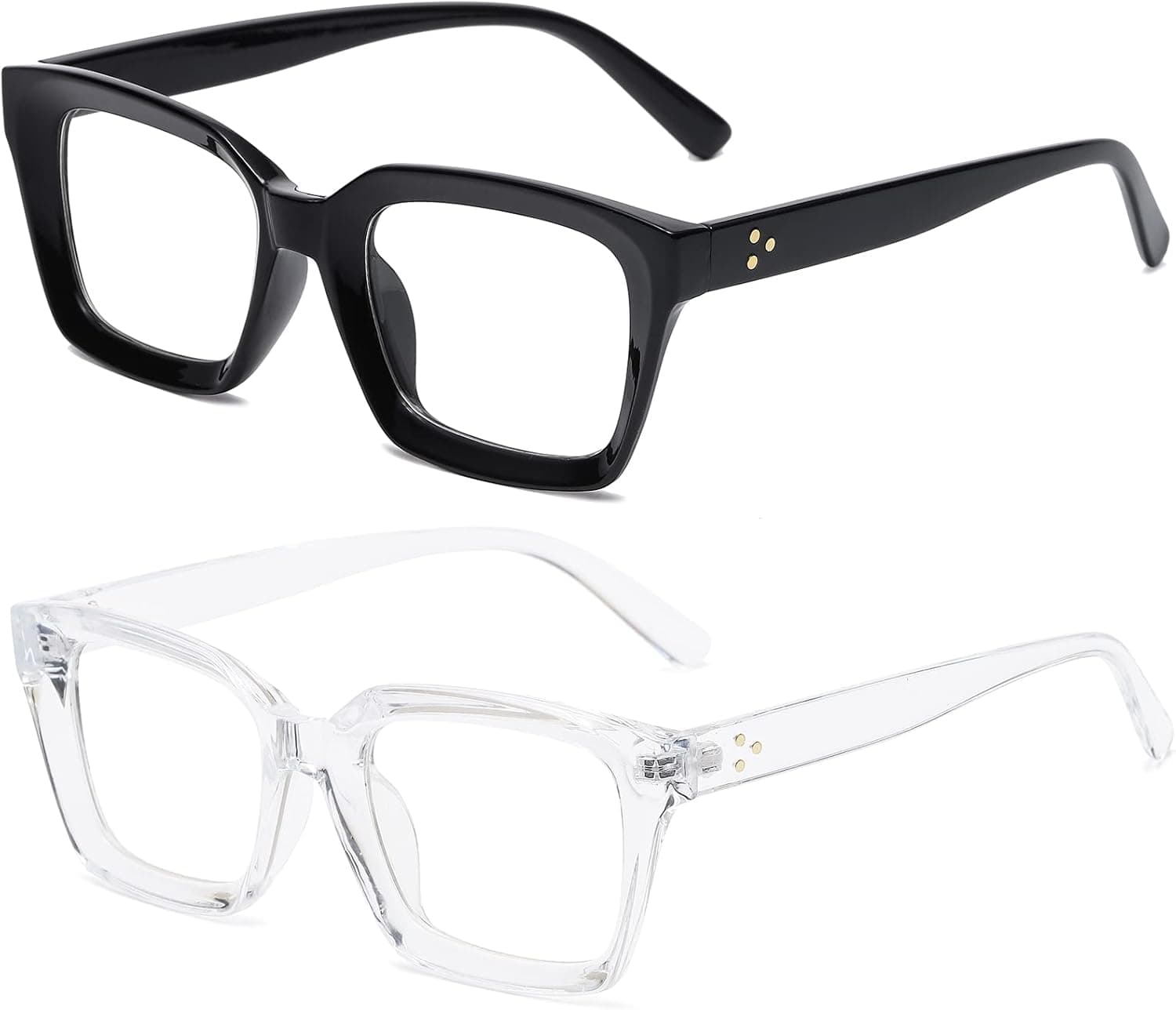 SUNBSR Classic Thick Square Frame Clear Lens Glasses for Women Men Non-Prescription Vintage Eyewear Frame 2 PACK (Black+ Transparent)