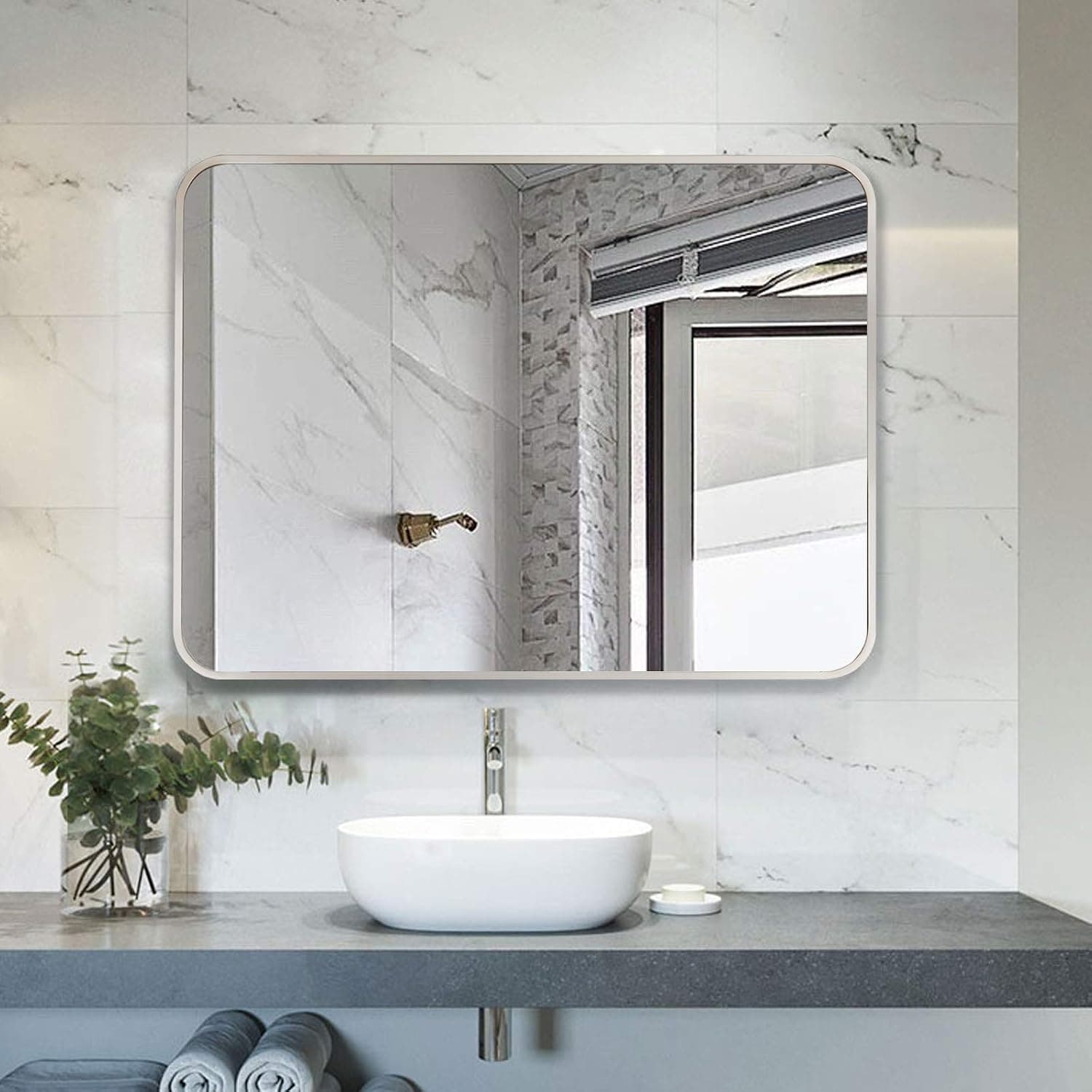 BEAUTYPEAK Wall Mirror 24" x 36" Rectangular Rounded Corners Mirror with Aluminum Alloy Frame Hanging Mirror for Living Room Bedroom Bathroom Entryway, Hangs Horizontal or Vertical, Silver