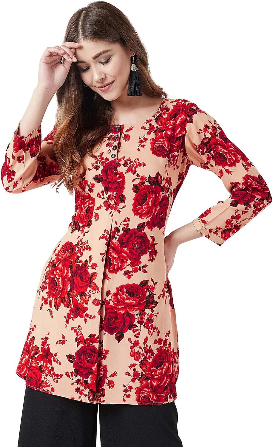 Tissu Women's White & Pink Floral Printed Tunic (White)