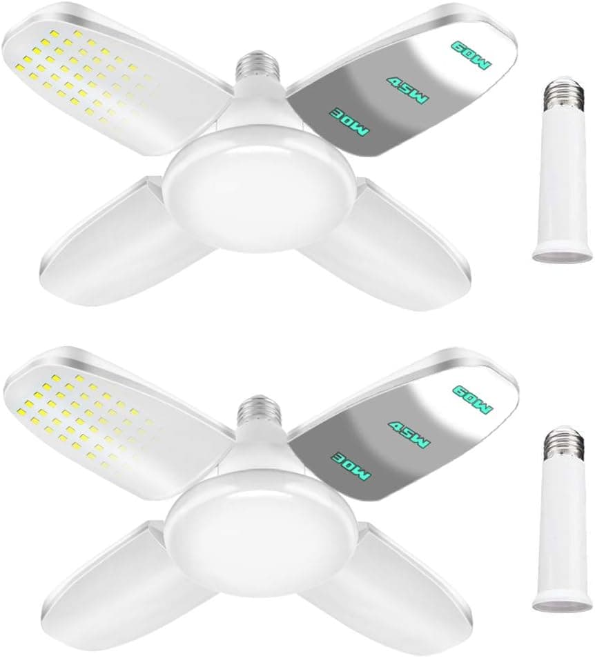 2 Pack LED Garage Lights, 6000LM 60W E26/E27/E39 Led Basement Lights - Deformable Garage Ceiling Lighting lamp, LED Light Bulbs for Garage, Workshop, Workbench, Barn, Warehouse, Full Area, Shop