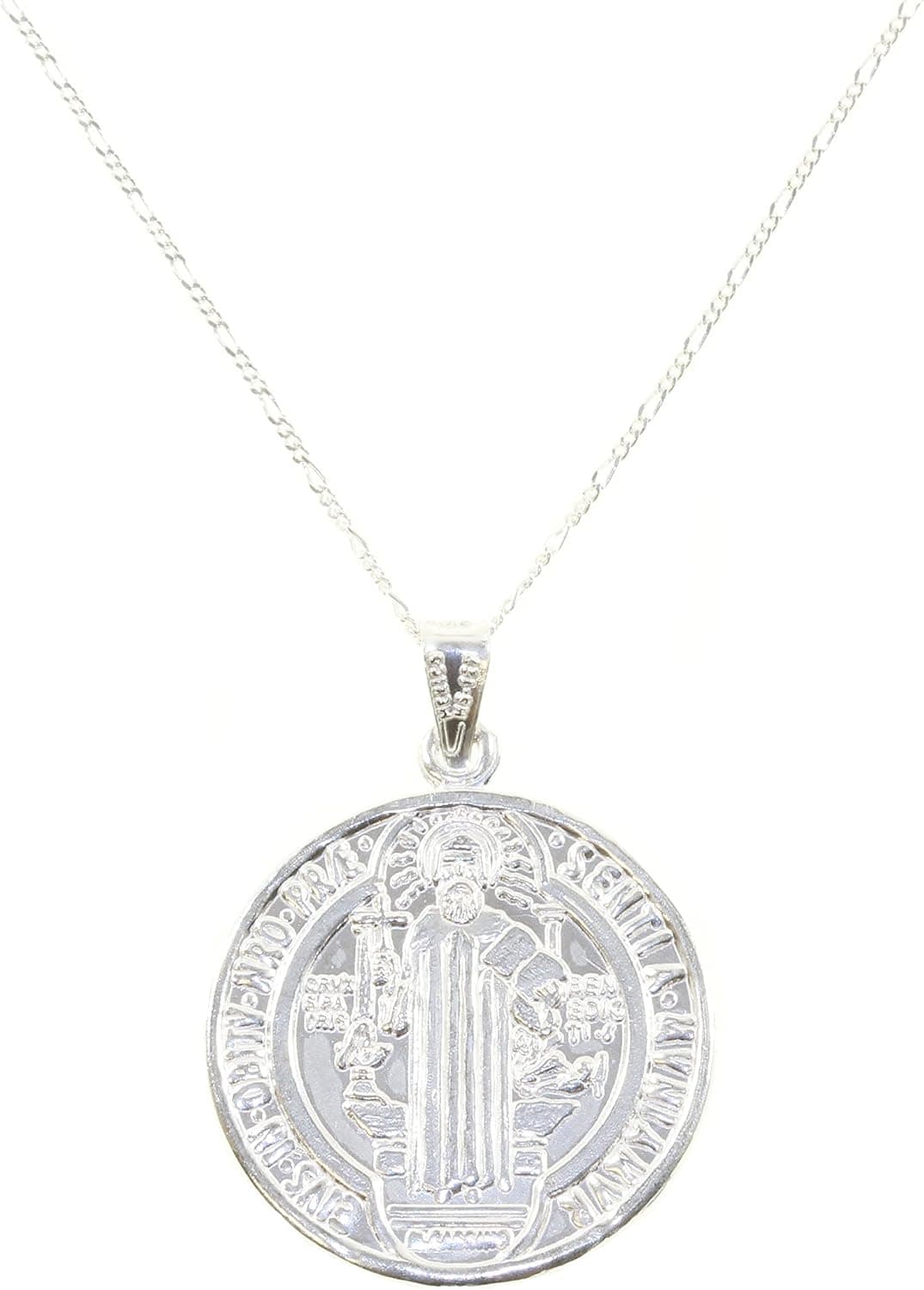 925 Sterling Silver St. Benedict Catholic Religious Pendant Figaro Chain 18"