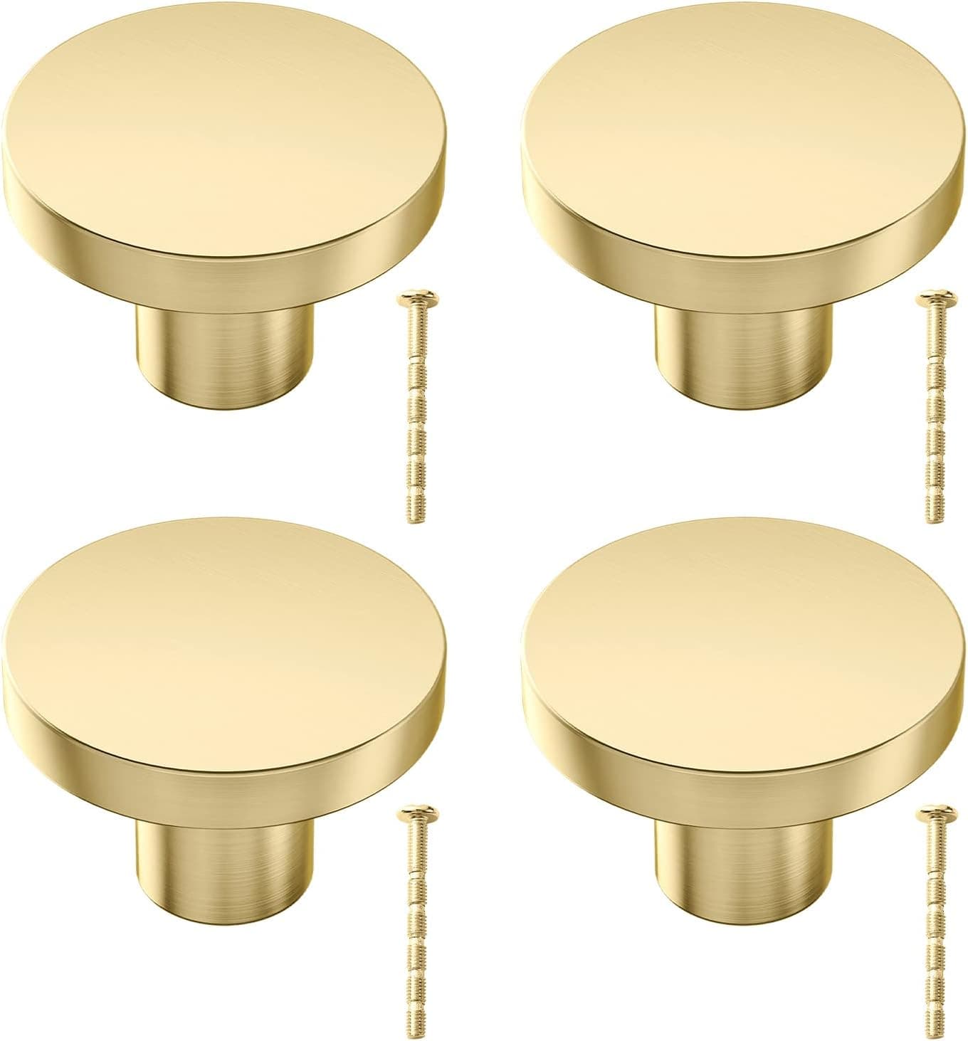 LIERONE 4 Pack Gold Kitchen Drawer Knob Brushed Brass Cabinet Knobs，1.1 Inch Diameter Brushed Gold Round Dresser Door Knobs, Kitchen Hardware for Cabinets
