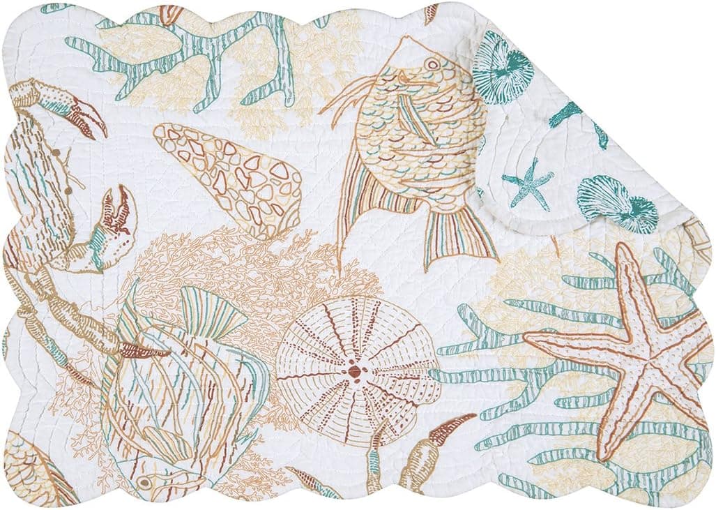 C&F Home Key Biscayne Coastal Nautical Sailing Tropical Beach Sea Life Handcrafted Rectangular Quilted Cotton Placemat Set of 4 Rectangular Placemat Aegean