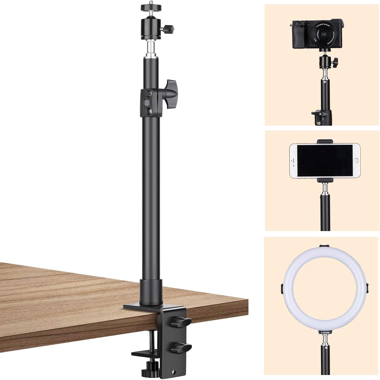 TARION Tabletop Light Stand Camera Mount with 1/4" 3/8" Screws for Ring Light Cameras Desktop Mount L Shape Clip Stand for Live Streaming Photograpghy Videograpghy Film Shooting Virtual Meetings