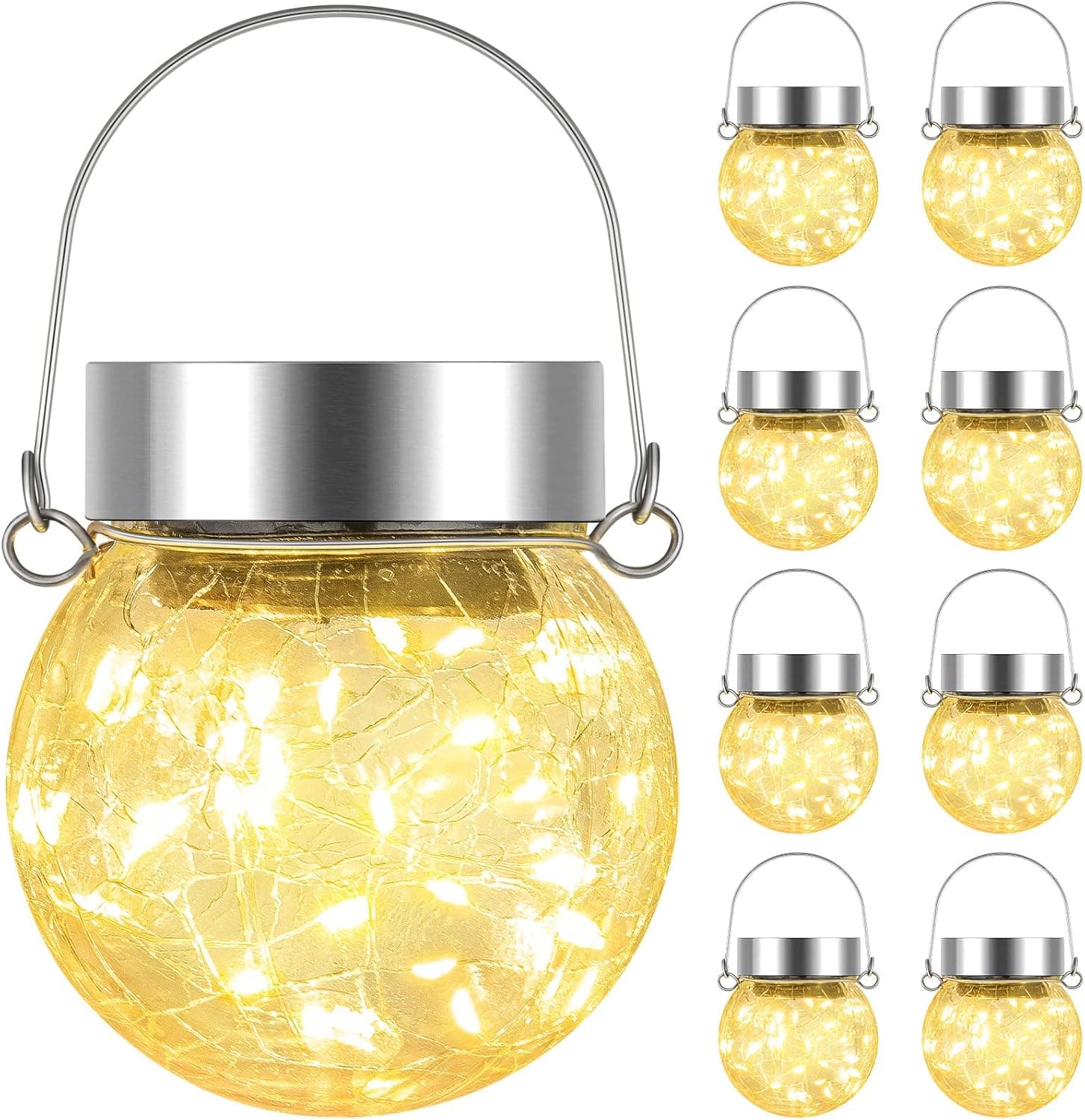 8 Pack Solar Hanging Lights Outdoor, Cracked Glass Solar Ball LED Lights, Solar Powered Globe Lights Waterproof with Handle for Patio, Tree, Yard, Holiday, Solar Garden Lights (Warm White)