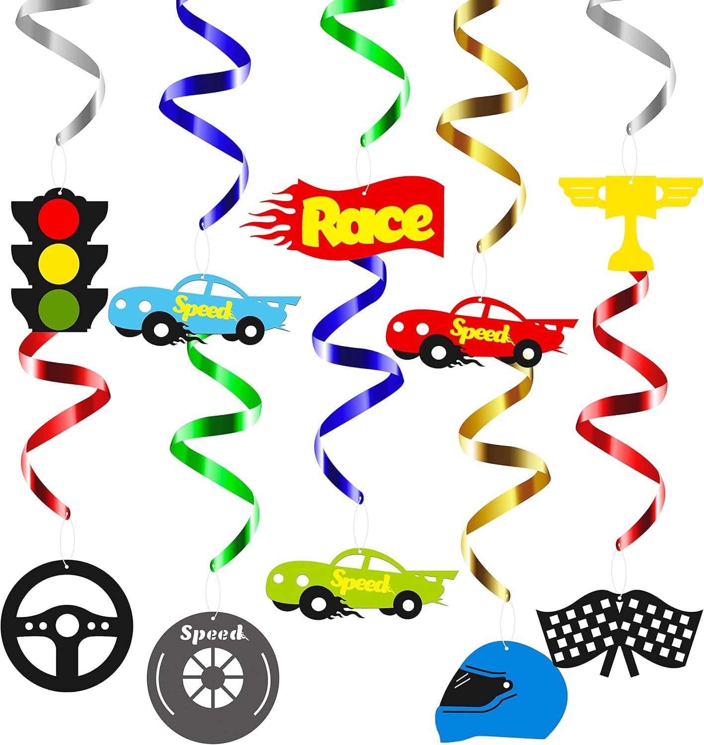 BeYumi Race Car Hanging Swirls Decorations for Let’s Go Racing Themed Birthday Party Supplies Baby Shower, Festival Party, Pack of 30 PCS