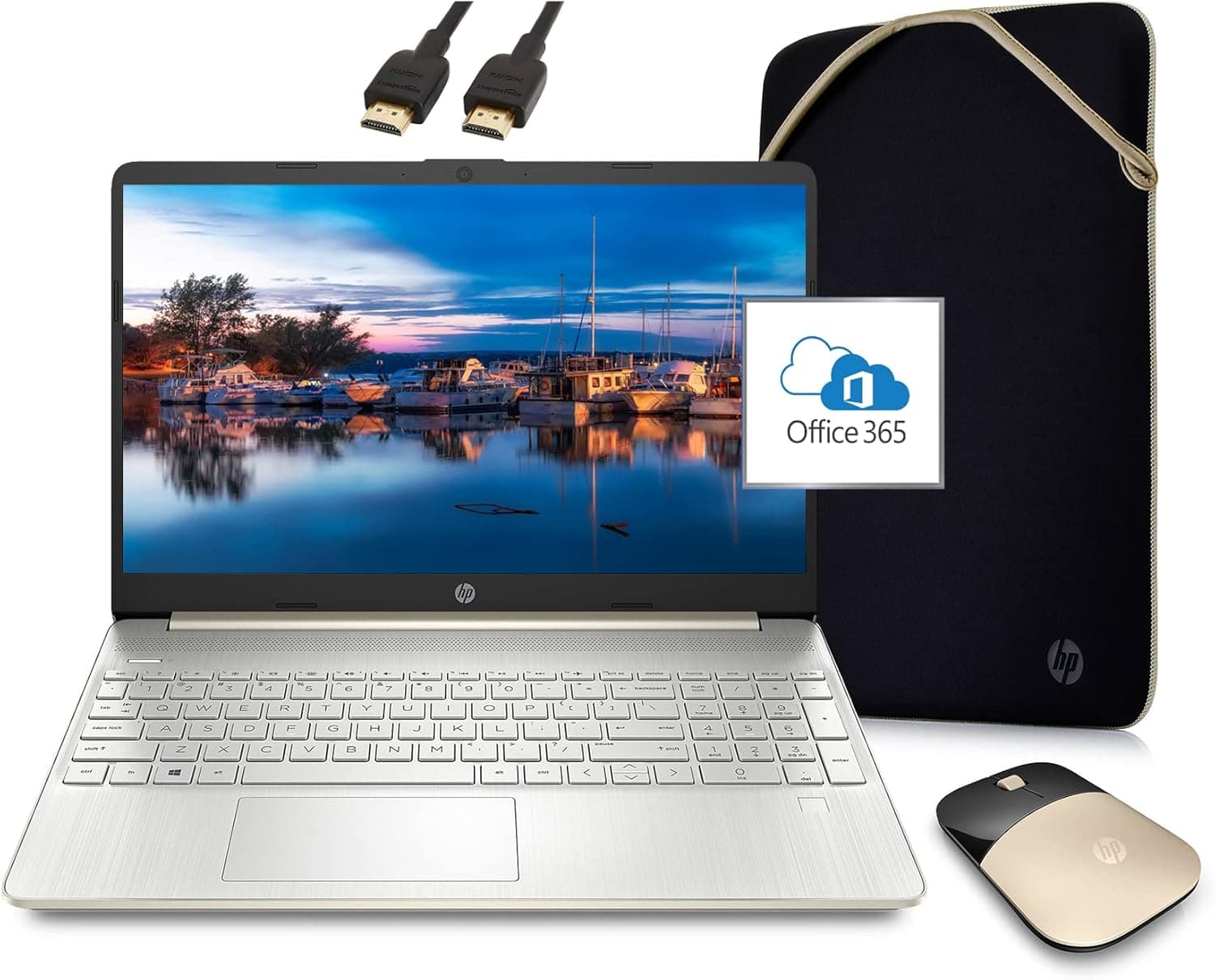 HP 2022 Newest Laptop with Microsoft Office Included 1-Year, 15.6" HD Screen, AMD Athlon 3050U 16GB RAM 1TB SSD HDMI Port Webcam Gold White Windows 11 | College Student Bundle, ROKC HDMI Cable