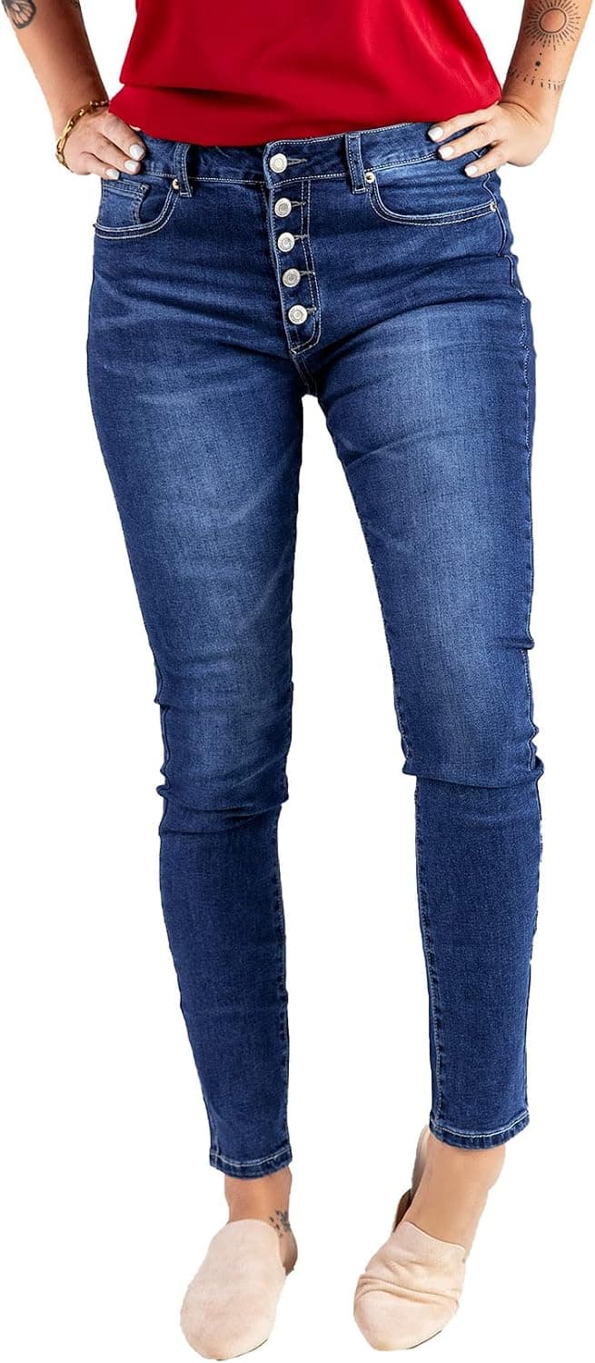Sidefeel Women Button Fly High Rise Distressed Ripped Skinny Denim Jeans