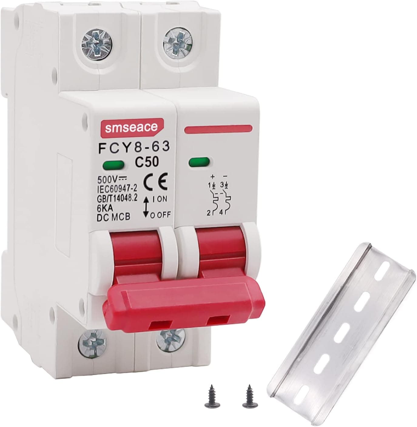 smseace DC Miniature Circuit Breaker, 50A 2P 500V Low Voltage DIN Rail Mounted Miniature Air Circuit Breaker, Suitable for Solar Panels Grid System.FCY8-63-C50-2P