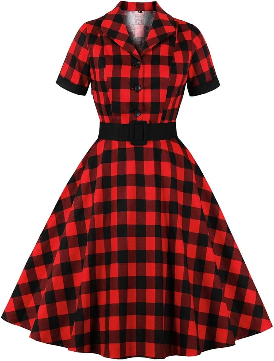 Women Notch Lapel Vintage V-Neck Cocktail Swing Dress 50s 60s Button up 1950s Rockabilly Prom Midi Evening Dress with Pockets