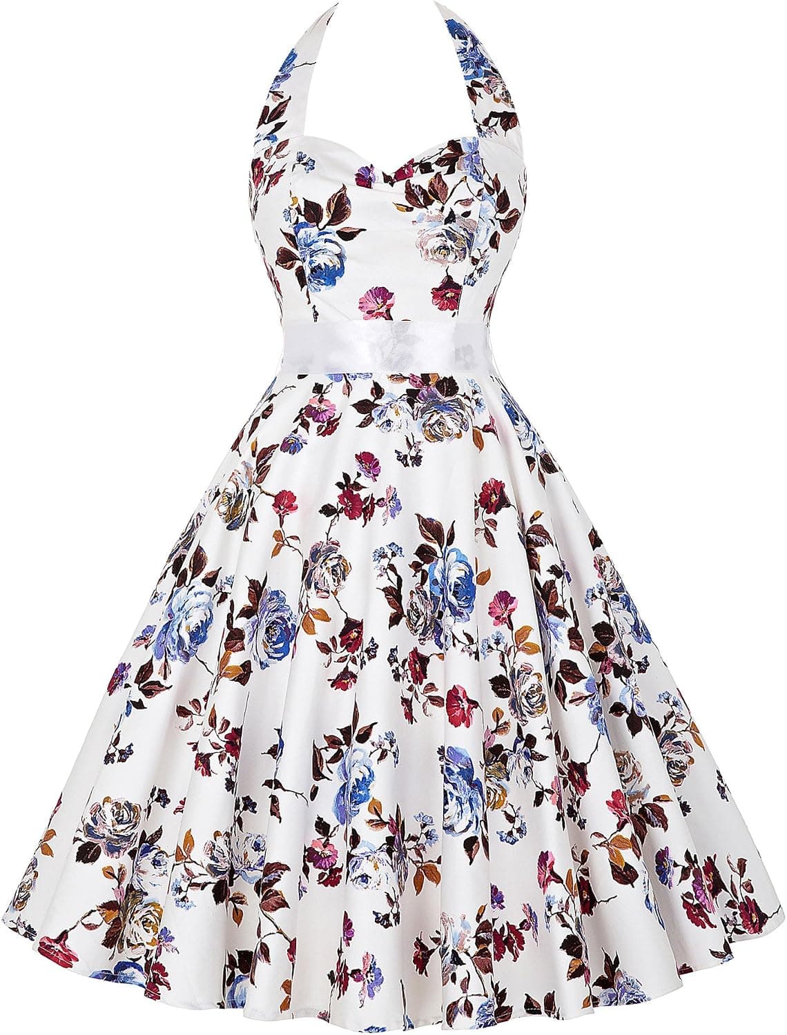 Floral Print Women's Halter Vintage Swing Ball Dress White(L)