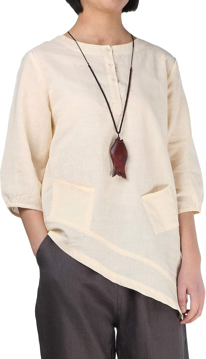 Minibee Women's Linen Tunic Blouse Elbow Sleeve Asymetrical Shirt Top with Pockets