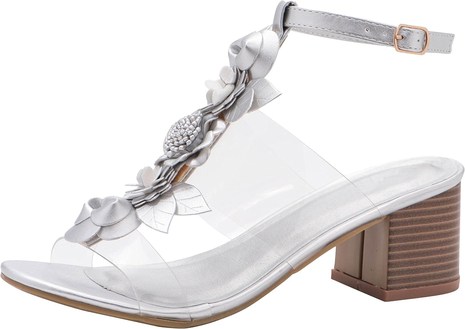 Cambridge Select Women's Open Toe T-Strap Clear See Through Flower Mixed Media Chunky Stacked Block Heel Sandal (6.5 B(M) US, Silver)