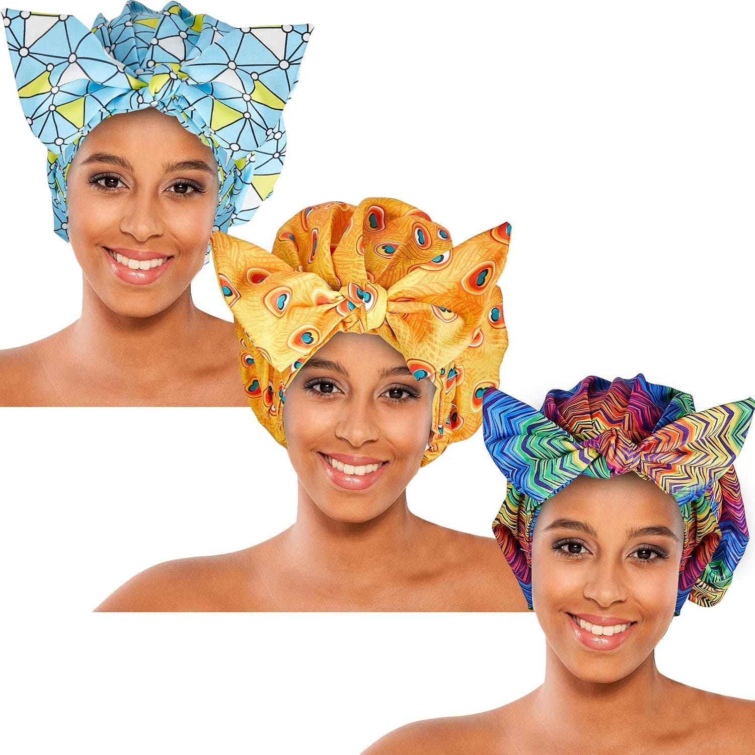 3 Pieces Shower Caps for Women Waterproof Satin Bonnet Bowknot Bathing Cap Reusable Sleep Hair Cap Large Sleeping Cap Hair Cover African Print Adjustable Night Bonnet Sleeping Cap