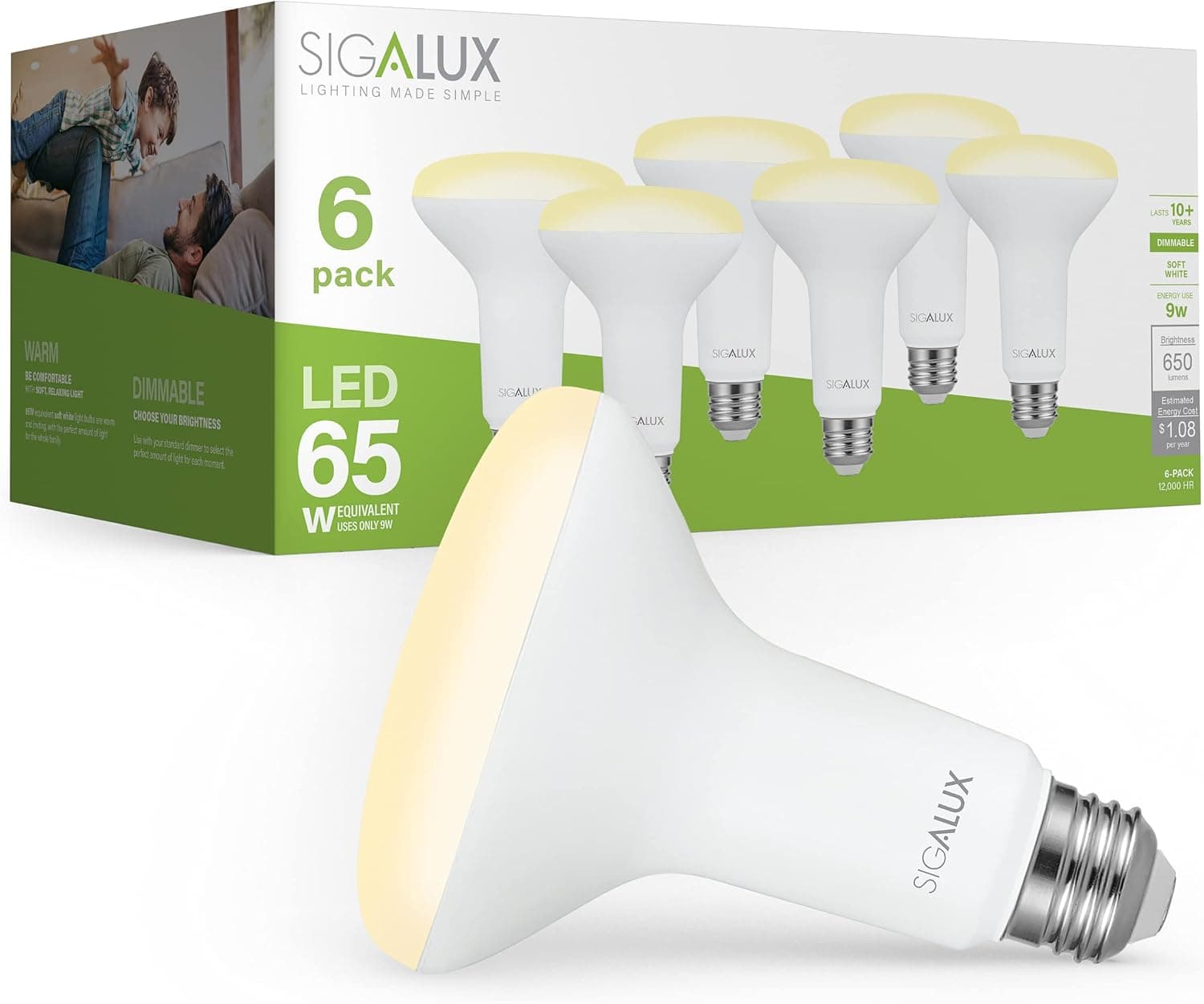 Sigalux Recessed Light Bulbs LED Flood Lights Indoor BR30 LED Bulb Dimmable 9W(65W Equivalent) 650LM 2700K Soft White E26 Base CRI80 12000 Hrs UL Listed, Pack of 6