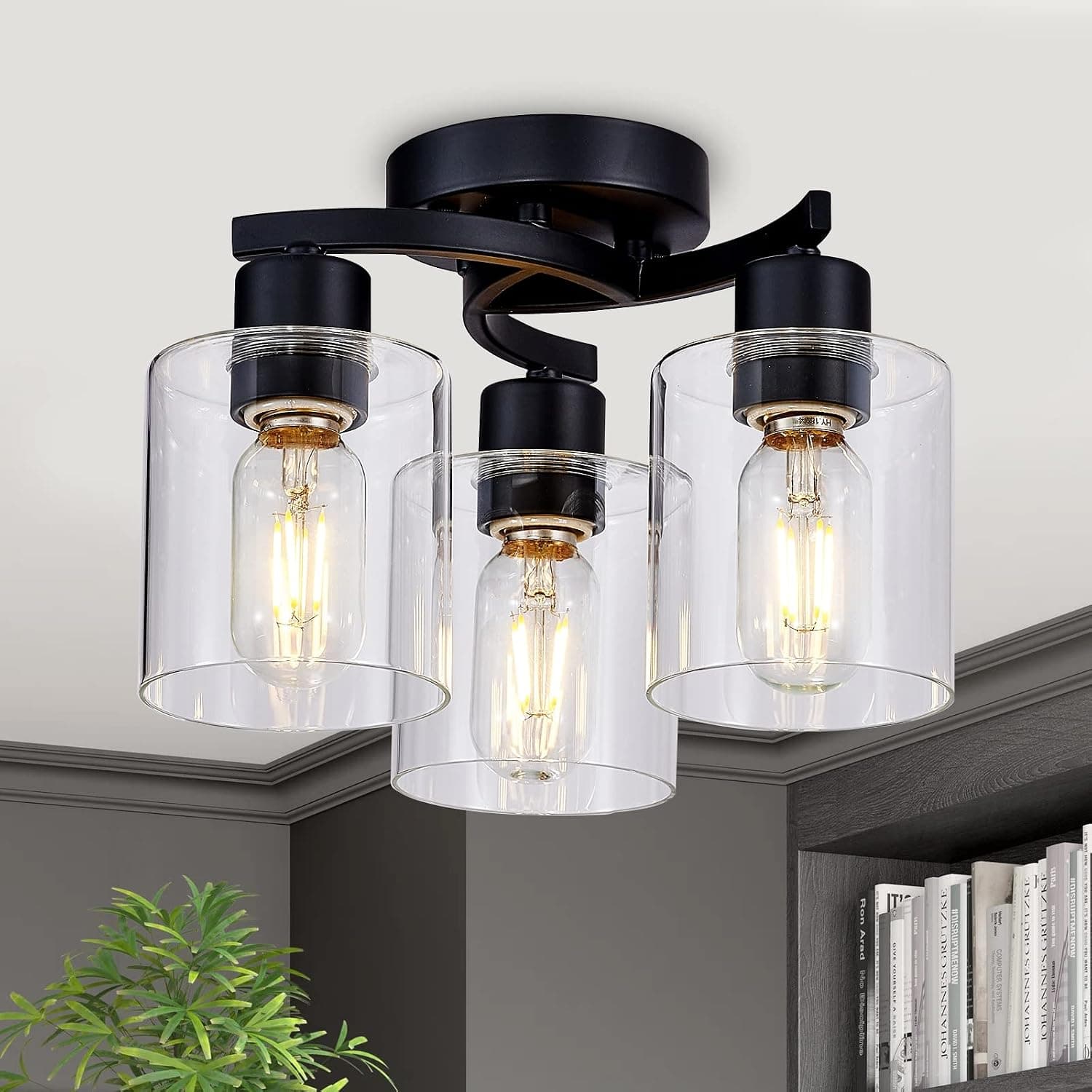 Flush Mount Ceiling Light, 3-Light Close to Ceiling Light Fixtures, Matte Black Bedroom Light Fixtures with Clear Glass Shades, Hallway Light Fixtures with E26 Socket for Kitchen Entryway Foyer