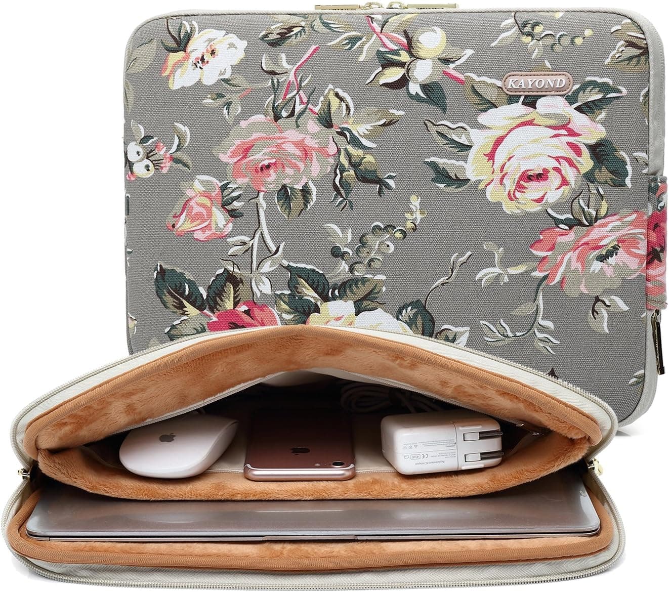 KAYOND Gery Rose Patten Canvas Water-Resistant 14.1 Inch Laptop Sleeve case for 14 Notebook Computer