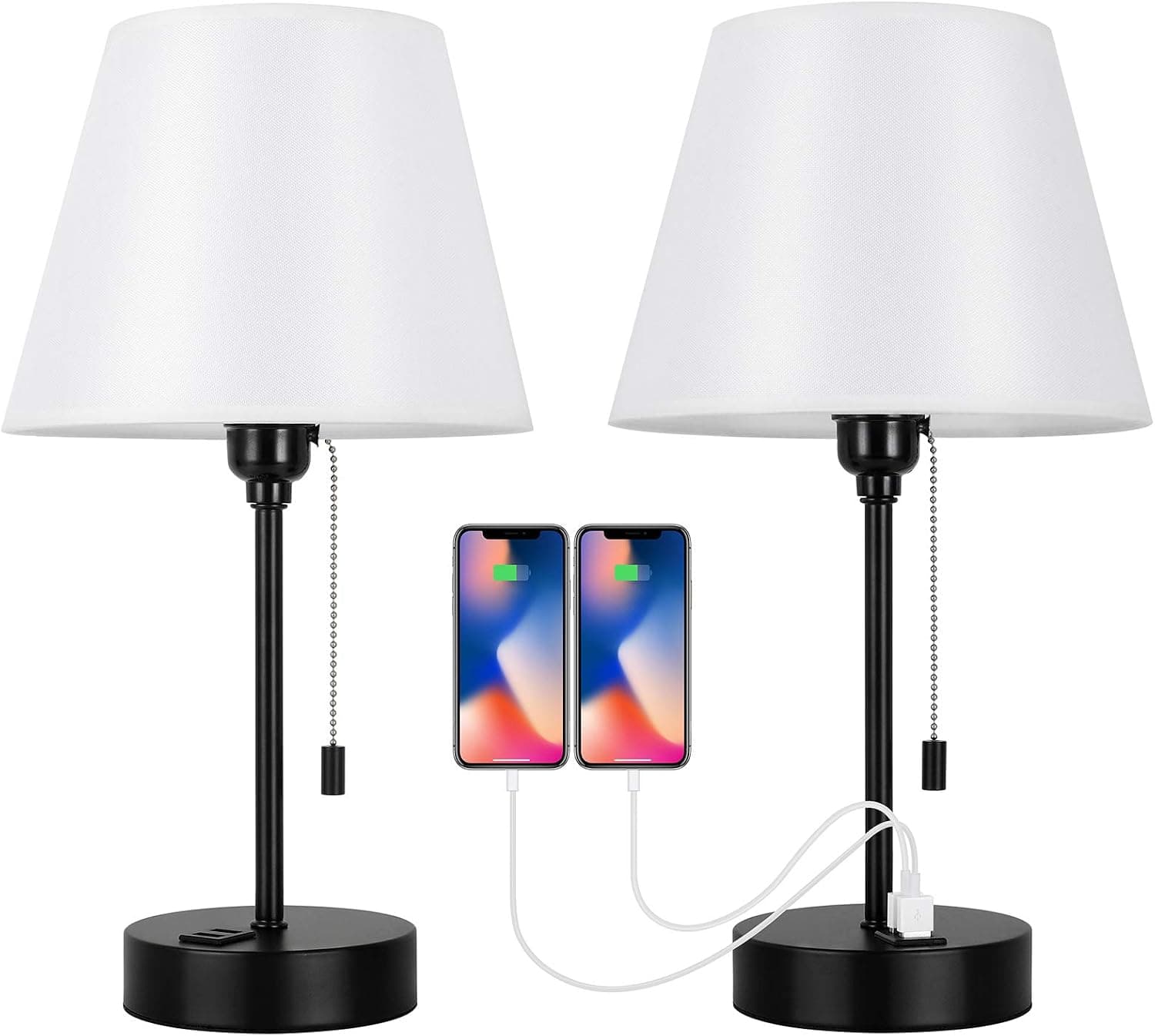 BTY USB Bedside Lamp Set of 2, Small Table Lamp with 2 USB Ports White Shade Pull Chain Modern Nightstand Desk Reading Lamp for Bedroom, Living Room, Office, Dorm