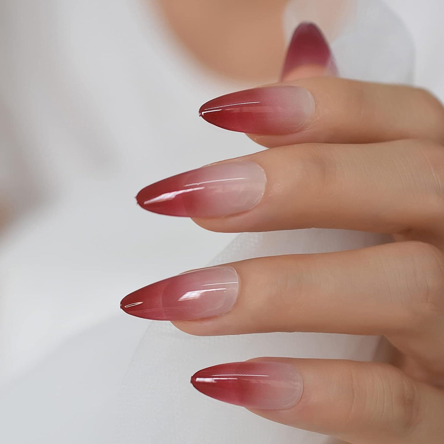 ELEVENAIL Medium Length Almond Press on False Nails Red Gradient French Fake Nails Salon Manicure Reusable Nails Art Tips DIY at home